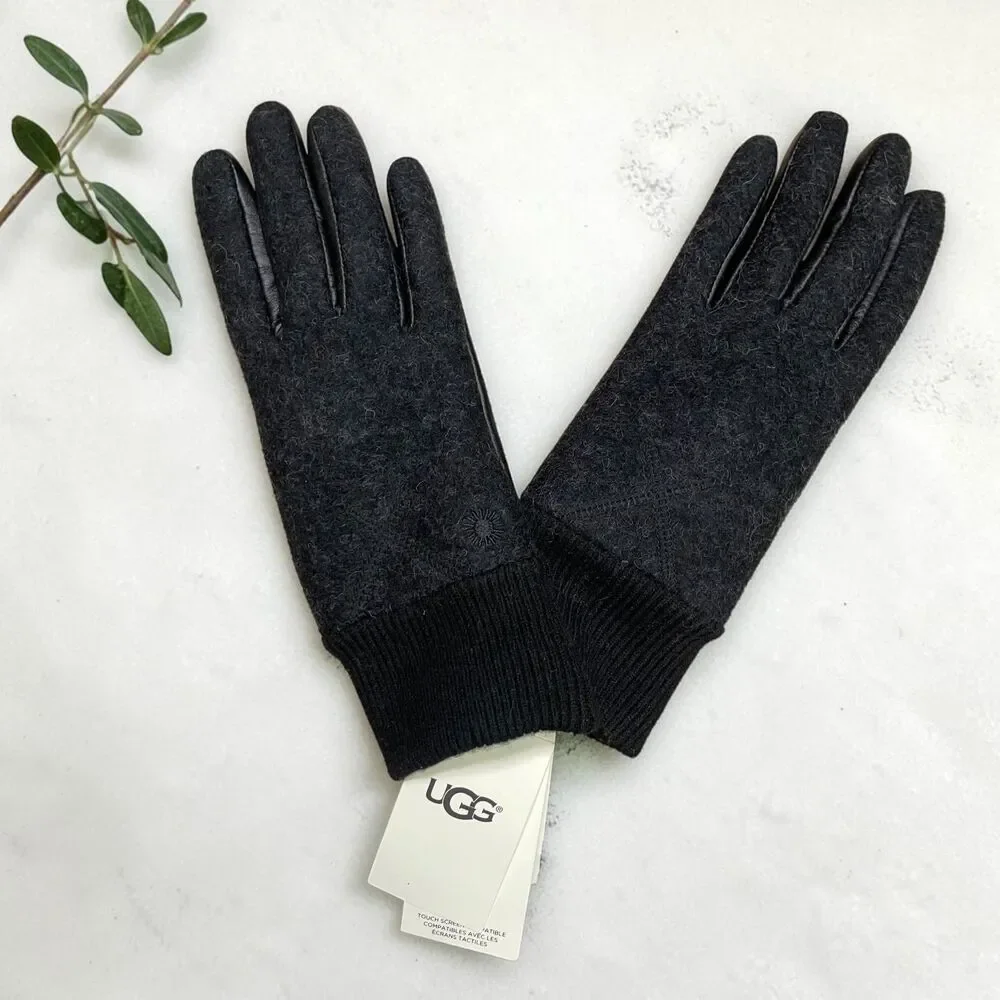 UGG Wool & Leather Palm Touchscreen Tech Gloves with Fur Lining - S/M